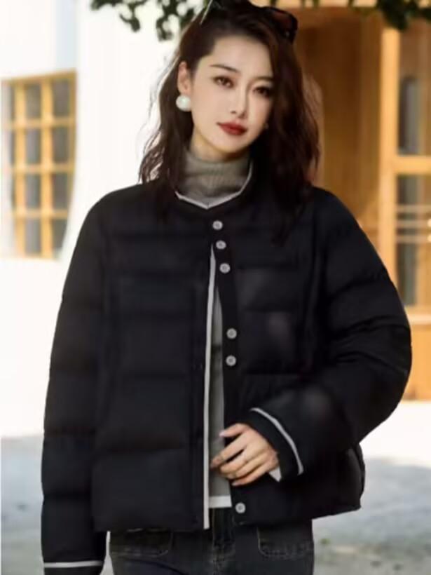 Down jacket new simple literary small stand-up collar white duck down warm versatile contrasting color casual color matching jacket