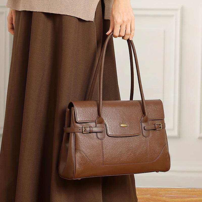 Simple Top Layer Cowhide Leather Large Capacity Bag, Retro Commuting Handbag, Fashionable One Shoulder Armpit Tote Bag