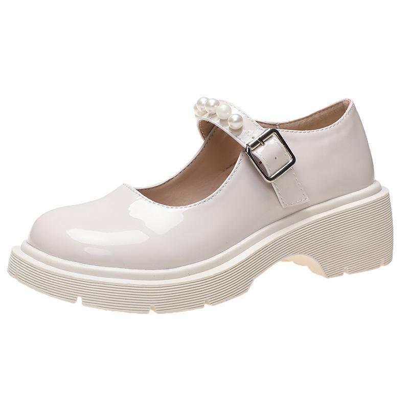

Summer pearl belt Mary Jane shoes platform flat bottom spring single shoes round head white bright leather 35 бежевий