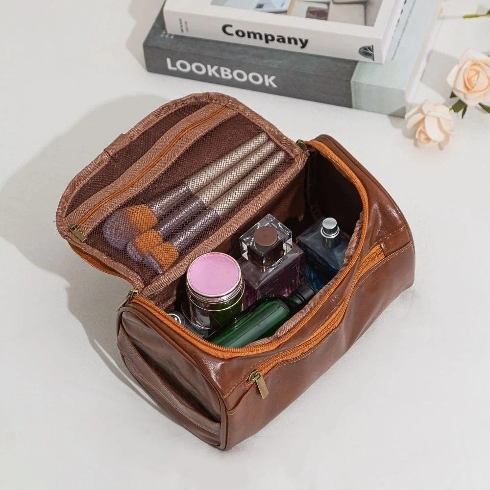 Large Capacity Cosmetic Makeup Bag PU Leather Storage Handbag Hanging Toiletry Bag Husband