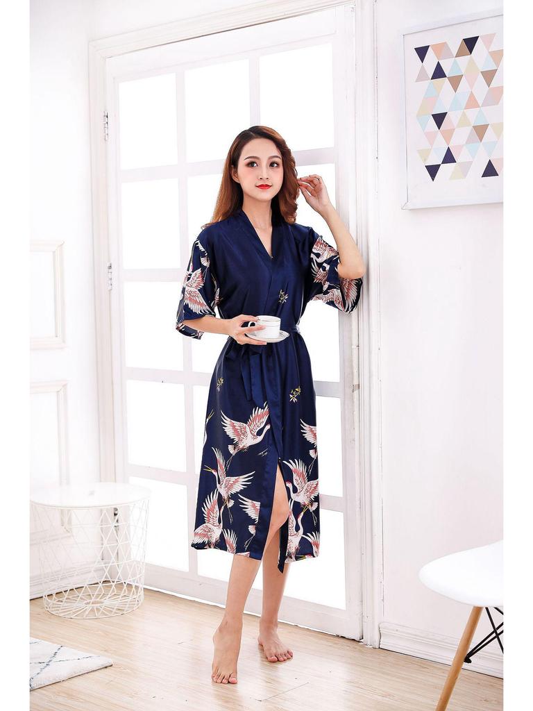Extra Large Silk Kimono Robe with Crane Print - Plus Size Bridal and Homewear