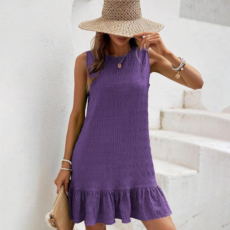 Dámské letní bez rukávů s vysokým pasem áčkového střihu mini šaty jednobarevné plisované jarní ležérní