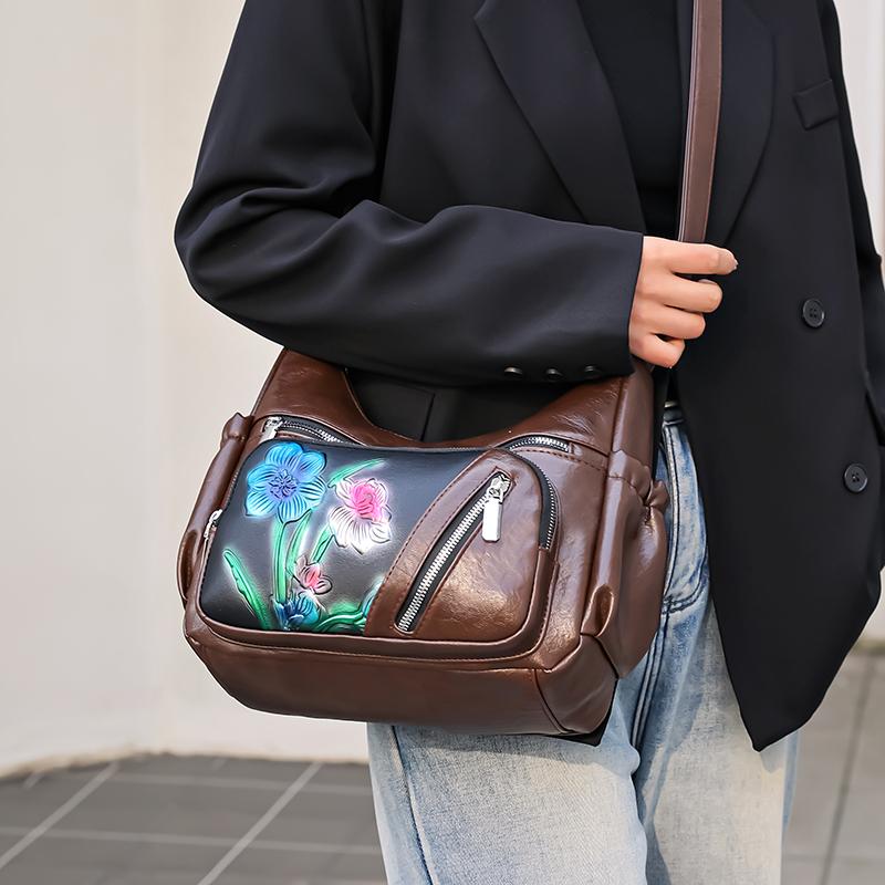 Flower Crossbody Bag Mittleren Alters Muttertasche Damen Weiches Leder Große Kapazität Umhängetasche