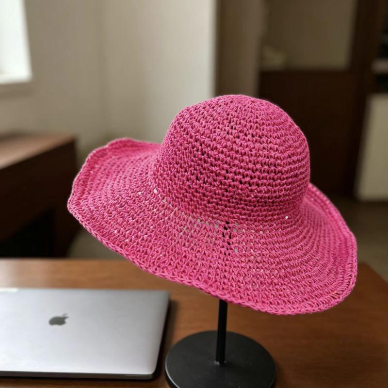 Damen Handgeflochtener Stroh-Sonnenhut Faltbar Große Breite Krempe Atmungsaktiv Häkel-Strandhut Für Sommer Outdoor Reisen Und Lässige Tägliche Kleidung