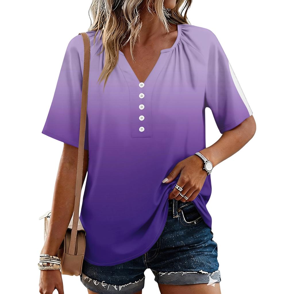 Women's Fashionable Casual Floral Print Button V-neck Short-sleeved Top