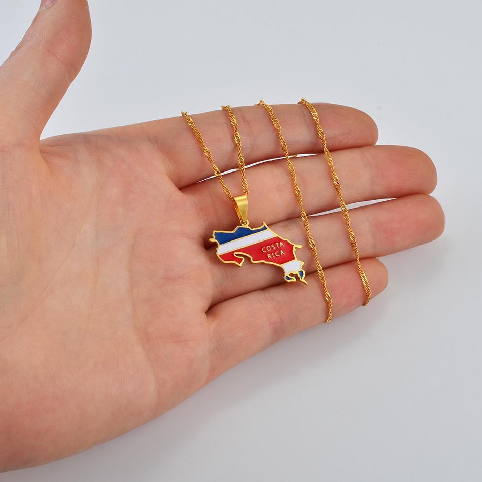 Costa Rica Flag Charm Necklace La Republica De Costa Rica Map Pendant with Thin Stainless Steel and Silver Chain #208721