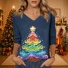 Women's Christmas Print V-Neck Three-Quarter Sleeve Loose Fit Casual Shirt