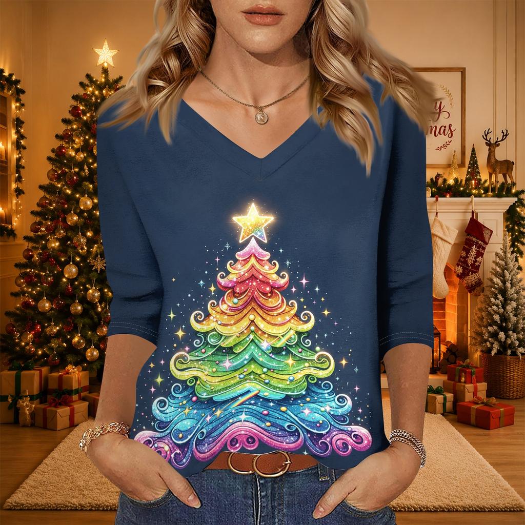 Women's Christmas Print V-Neck Three-Quarter Sleeve Loose Fit Casual Shirt