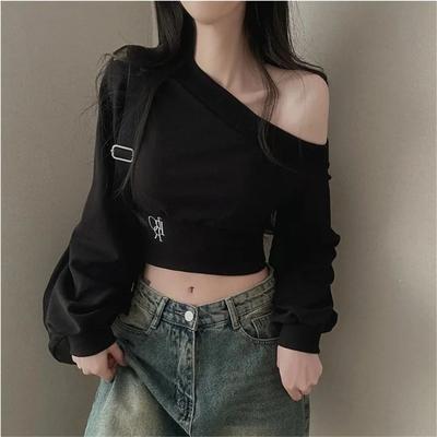 Sudadera corta con cuello oblicuo irregular para mujer, top corto de manga larga para otoño e invierno, sudadera sexy con hombros descubiertos, sudadera a la moda
