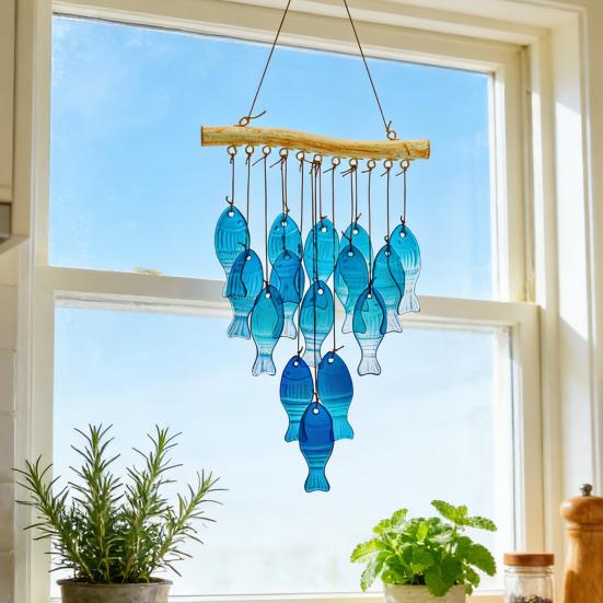 Blauer Glasfisch Windspiel Handgefertigt Nautisches Fisch-Thema Sonnensammler Innen Außen Garten Hof Terrasse Hängende Windglocke Dekoration