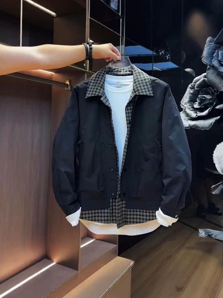 Men's 2026 Autumn Plaid Patchwork Two-Piece Look Jacket - Trendy, Loose Fit Korean Workwear