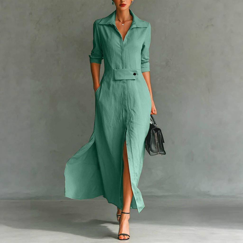 Women's Fashionable Color Lapel Long Sleeved Hem Slit Casual Shirt Dress
