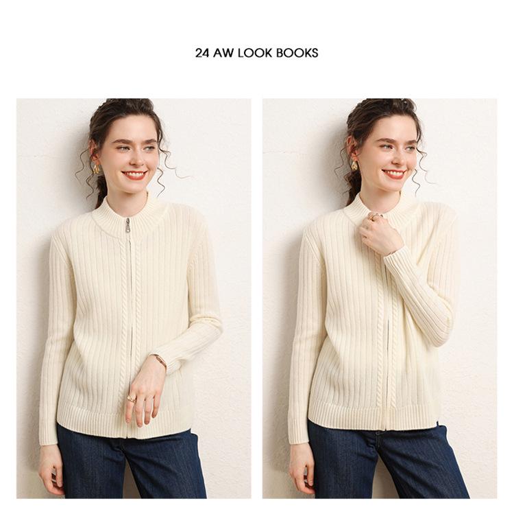 Women's Cashmere Stand Collar Zipper Cardigan - Double-Ply Thick Knit for Autumn/Winter