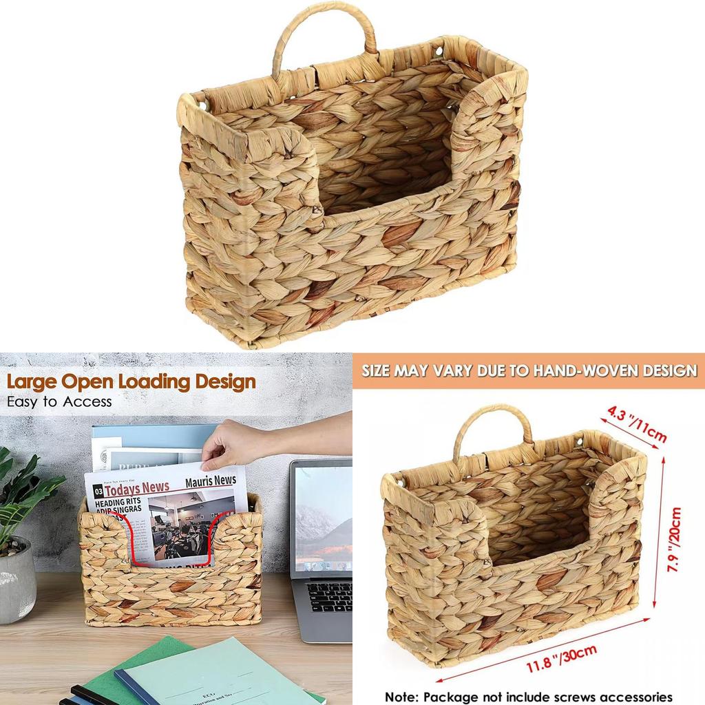 Modern Minimalist Wicker Wallmounted Magazine Rack With Rattan Storage Basket For Home Organization