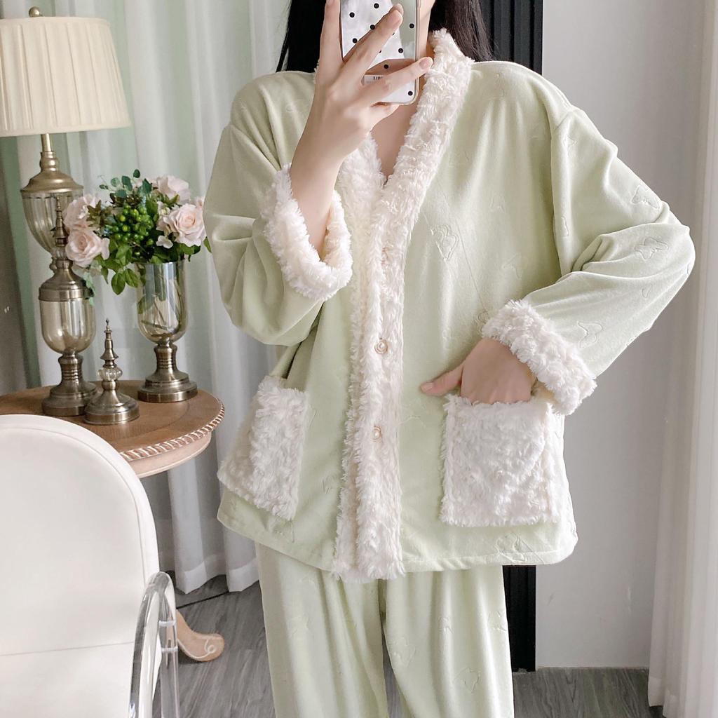 2025 Autumn/Winter Women's Solid Color Jacquard Pajamas Set - Long Sleeve, Long Pants, Warm Fleece