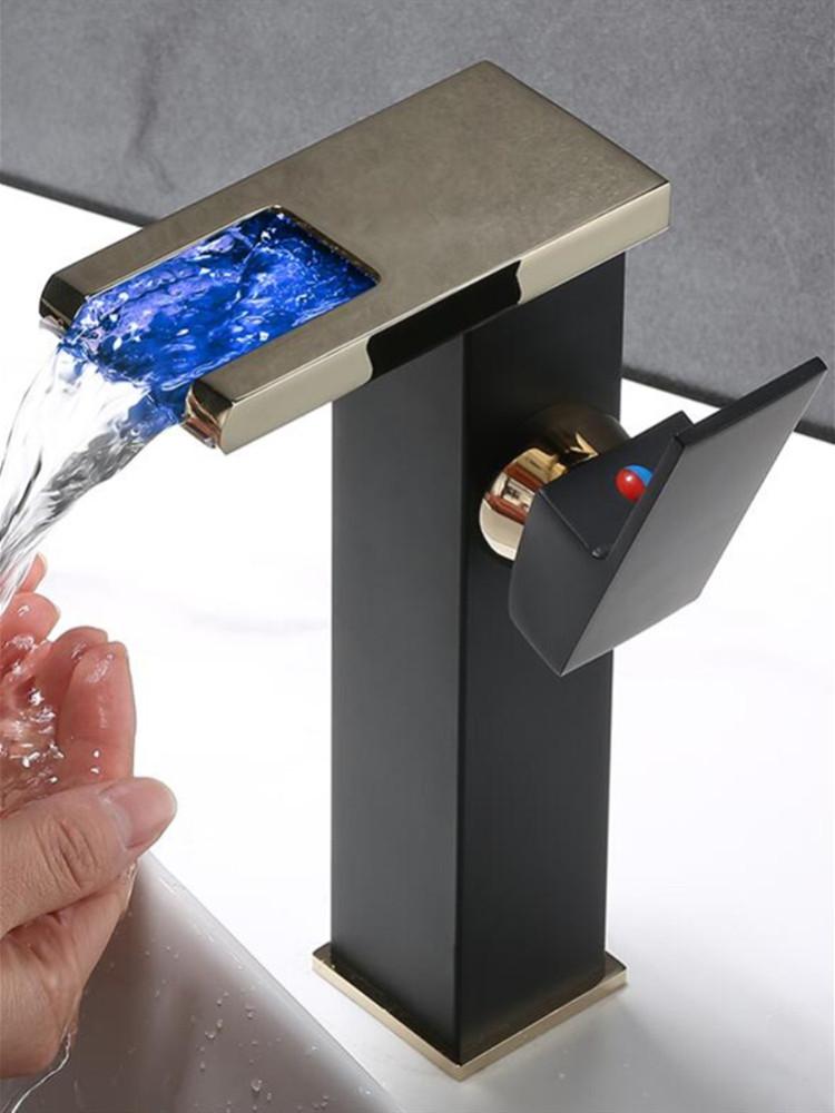 Bathroom Basin Faucet Black Gold Brass LED Sink Mixer Tap Hot and Cold Unique Design Basin Lavtory Faucet Brass