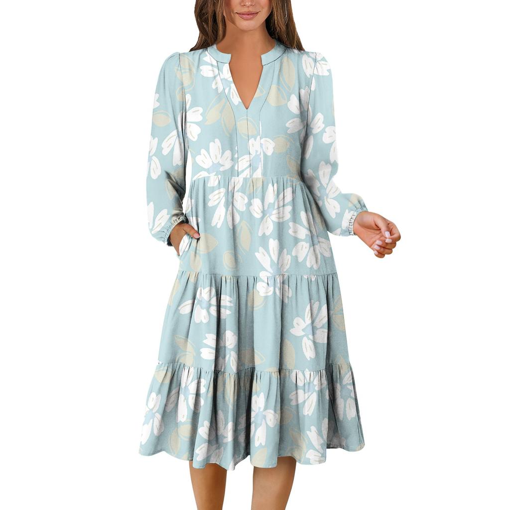 Women's V-Neck Flowing Layered Bohemian Long Sleeve Floral Print Dress