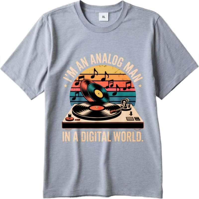 Adult Men O Neck tshirt Brand Analog Man In Digital World Vinyl Record Turntable Music Notes Sunset Background Minimalist
