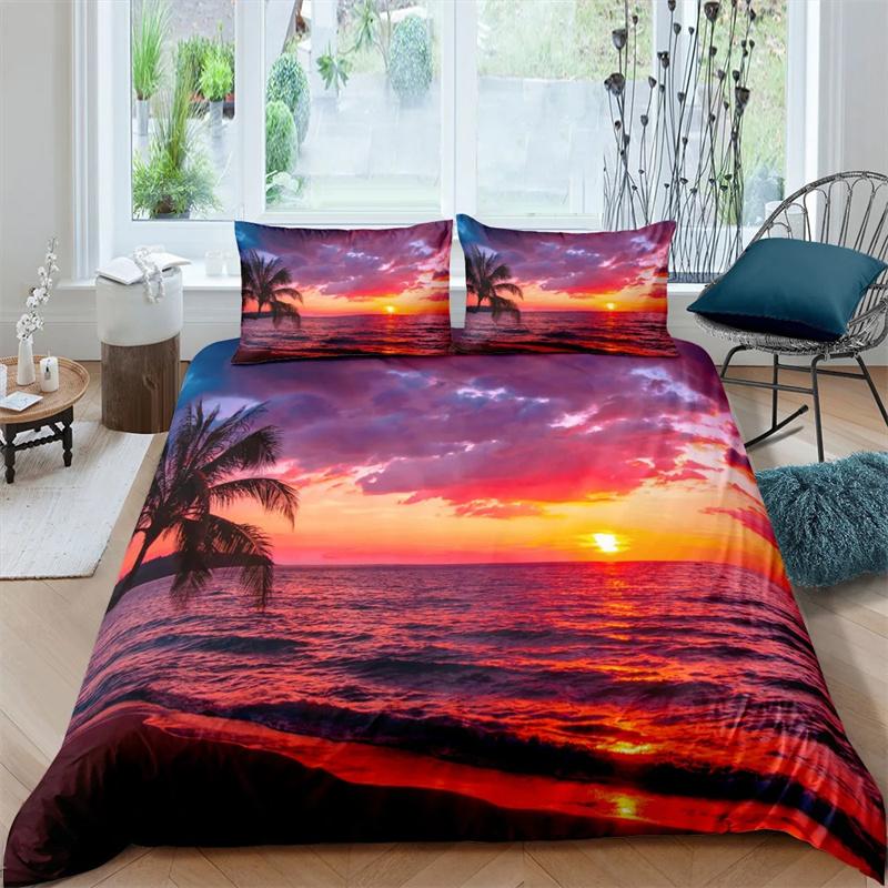 Tropical Coconut Palm Tree Duvet Cover King Queen Size Hawaii Sunset Bedding Set 3pcs Polyester Quilt Cover