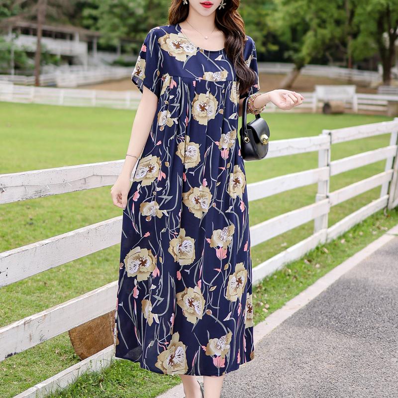 Vintage Print Loose Dresses For Women Plus Size Short Sleeve Casual Long Dress Summer Elegant Middle-aged Women's Clothing