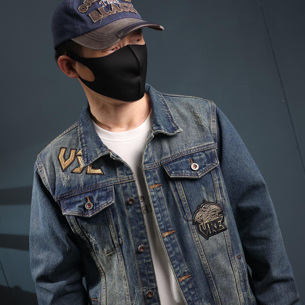 Xintang Men's Distressed Denim Jacket - Loose Fit Long Sleeve Outerwear 2025