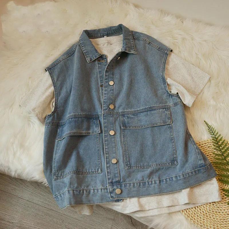 Women's Single-breasted Loose Workwear Denim Vest