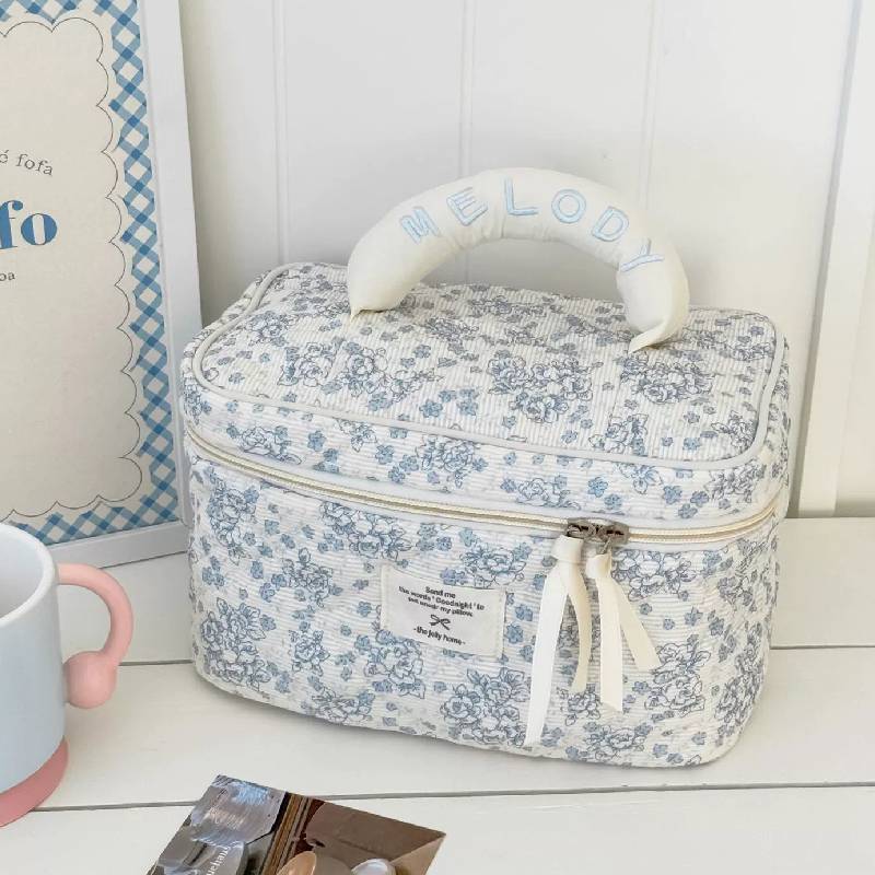 Cotton Corduroy Makeup Bag With Floral Pattern And Breathable Design For Daily Use