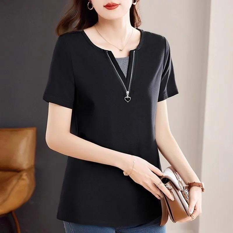 Летние Новые Женские Топы Больших Размеров С Коротким Рукавом Свободные и Удобные Футболка Средней Длины С Коротким Рукавом Одежда для Мамы L чёрный