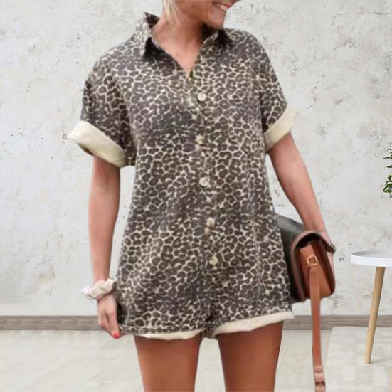 Macacão Feminino Estampa Leopardo Manga Curta Gola Polo Manga Curta Abotoamento Simples Solto Estilo Férias Macacão Curto