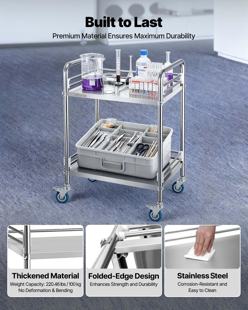 VEVOR Stainless Steel Cart, 2-Tier Rolling Lab Utility Cart with Lockable Wheels, Medical Serving Trolley Clinic Tray