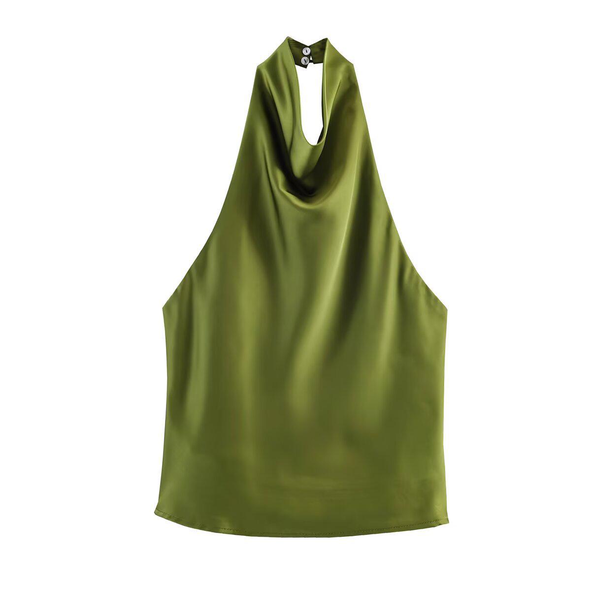 Sophisticated 2025 Summer Silk Satin Halter Neck Top – European & American Style Large