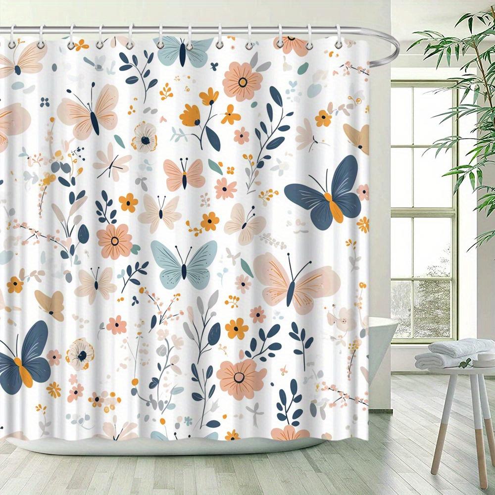 1pc Floral & Butterfly Shower Curtain - Whimsical Pastel Design, Soft Pink/Yellow/Blue, 70.8x70.8", 12 Hooks, Bathroom Decor