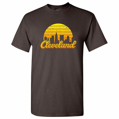 Cleveland OH Retro Skyline Sunset - Home State Pride Summer T Shirt - Dark Choc