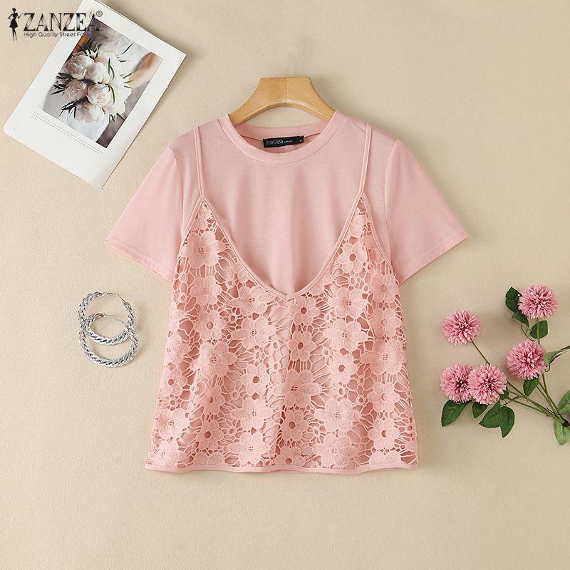 ZANZEA Women Casual Round Neck Lace Patchwork Summer Loose Short Sleeve T-Shirts
