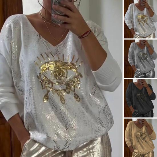 Women Casual Tops Round Neck Long Sleeve Regular Fit Sweatshirt Sequins Eyes Decor Sweatshirt Hot Stamping