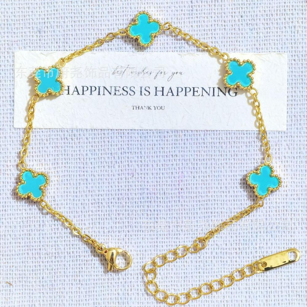 Титановая сталь 9 мм Мини-браслет  Четырехлистный клевер  с цветком из натурального белого перламутра, не тускнеющий женский браслет 18K