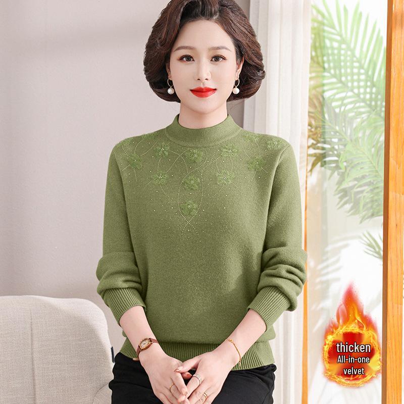Mom's Velvet One-Piece Winter Base Layer Top for Middle-Aged & Elderly Women - Warm, Plus Velvet, Thick Knit