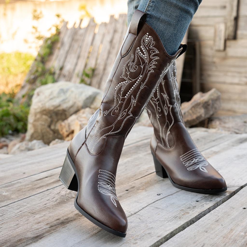 Large Size Medium Boots High Heel Boots Brown Western Cowboy Knight Boots Boots Women