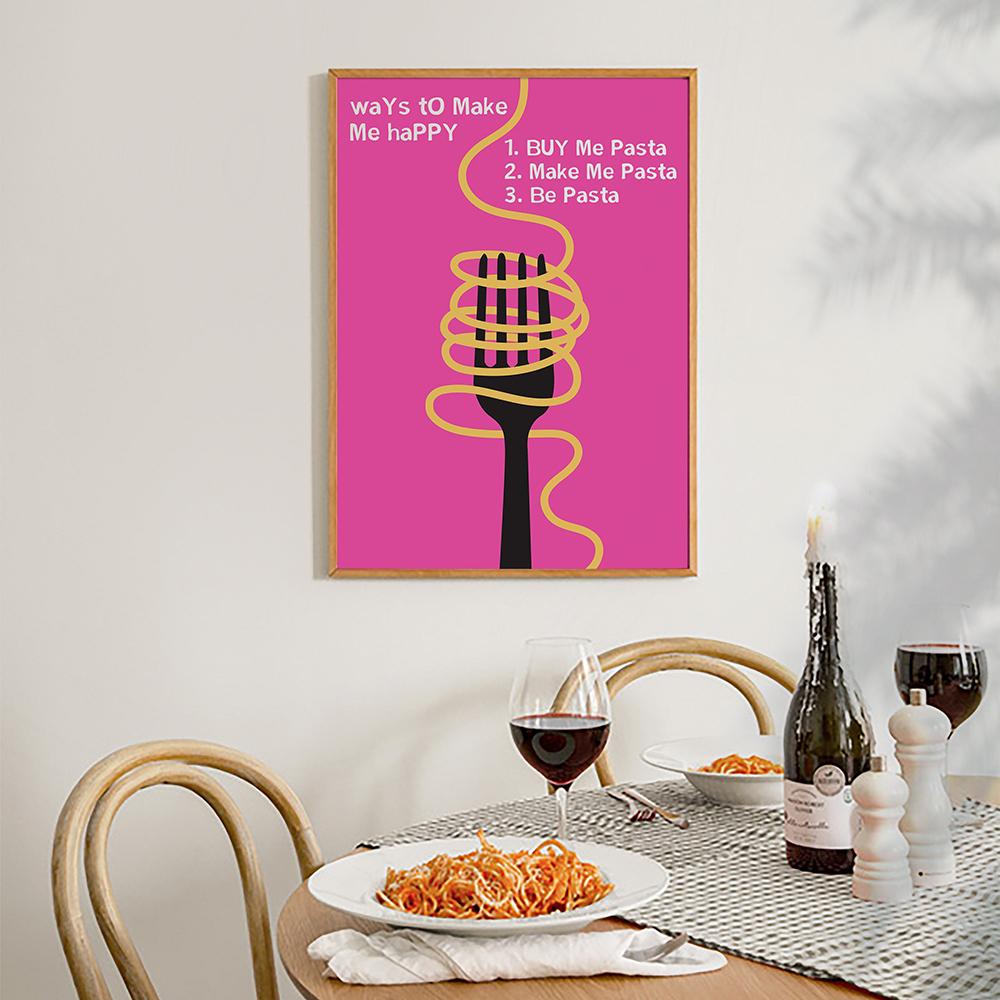 Retro Pink Colour Poster Pasta Wall Art Pictures Pasta Humour Hot Pink Fish Sardines Print Kitchen Trendy Dining Room Decor