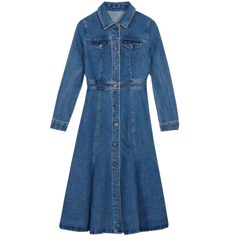 Schlankes Herbst- und Winter-Update Fishtail Denim Langes Kleid Schlankes Plissiertes Rüschen-Einteilerkleid Damen