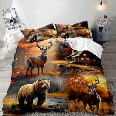 Beardeer Woodland Country Cottage Dreiteilige Bettbezug Digitaldruck Bettwäscheset Bettdecke
