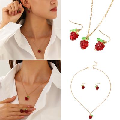 Raspberry Charm Jewelry Set for Women Fashionable Alloy Necklace and Earrings Fruit Theme Accessories for Daily Wear