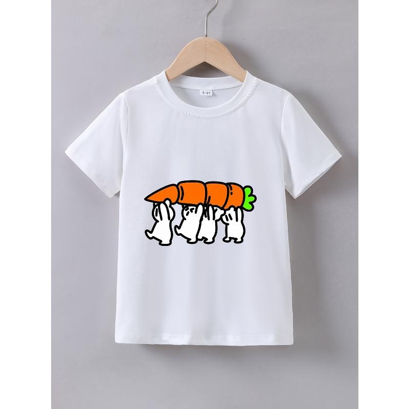 Европейские размеры Девочки Лето Короткий рукав Мультяшный креативный узор  Маленький белый кролик с редиской  Печатная футболка 98cm белый