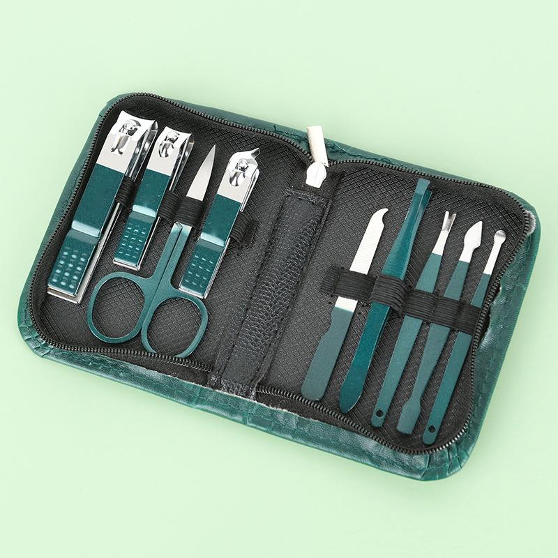 9-Piece Dark Green Manicure Set with Zipper Bag and 6 Black Nail Clippers