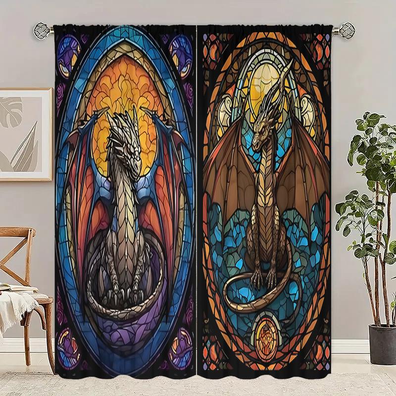 

2 шт.- Дракон в стиле масляной живописи Полиэстеровые шторы, шторы с кулиской 42*84, для спальни, гостиной, украшения домашней комнаты 23Wx59L(60x150CM)x2