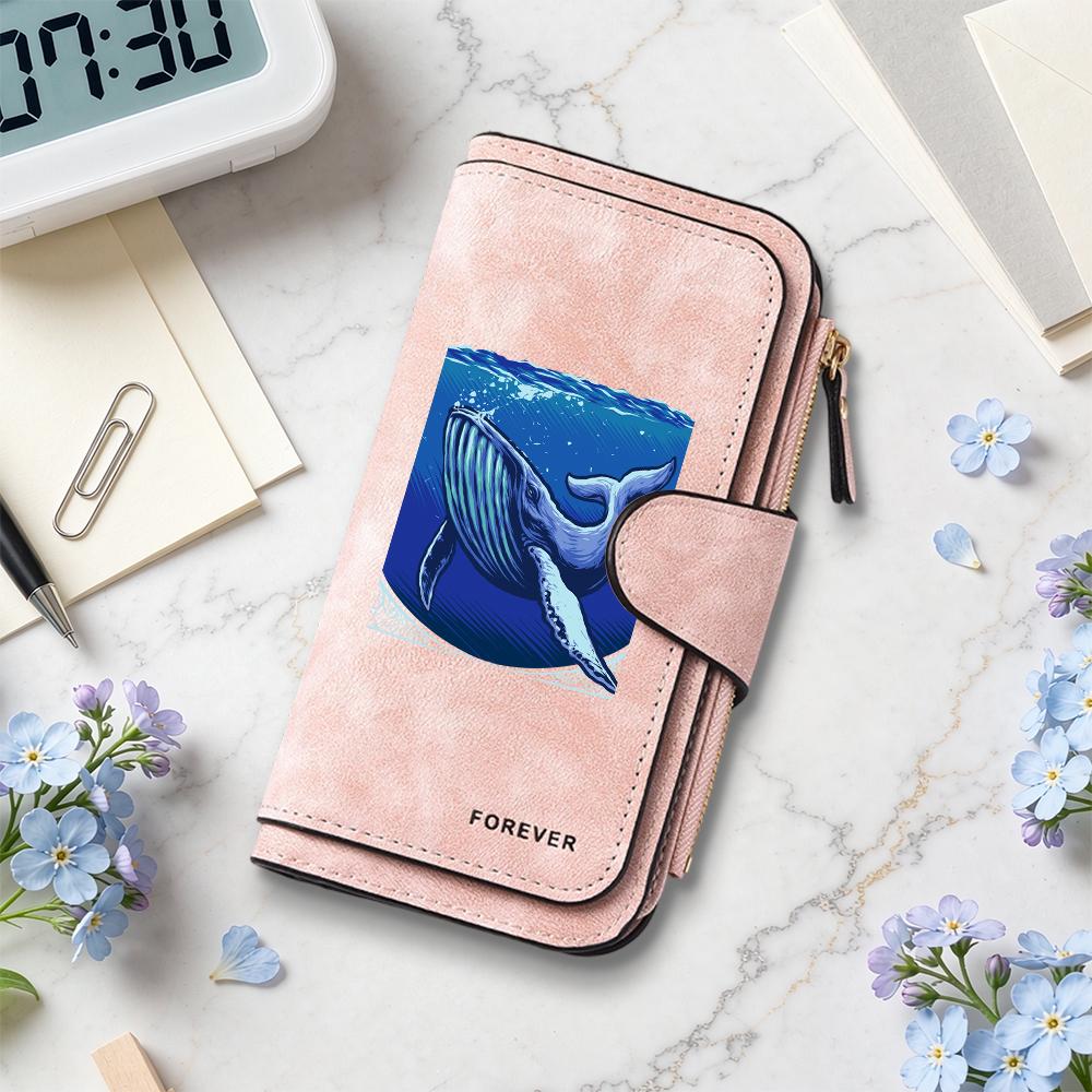 Fashion Whale Printed Long Wallet Multi Card Slot Portable Casual Leather Purse