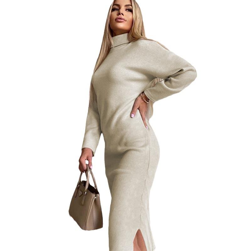 Samt-Rollkragen-Hemd für Damen Herbst und Winter Neues Kleid mit langem Schlitz für Damen