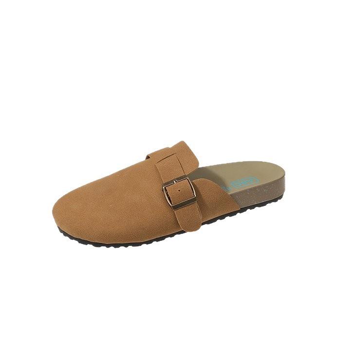 Taizhou large size one-pedal bag head half slippers 2025 new retro flat-bottomed slippers round head suede lazy slippers