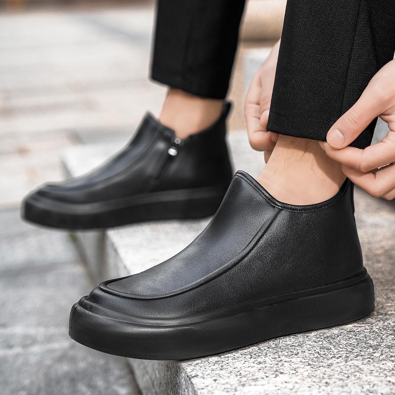 Męskie Czarne Botki Wszechstronne Casualowe Skórzane Botki Zamek PU Płaski Spód Casualowe Buty Do Chodzenia Jesień i Zima Męskie Buty na Jedną Stopę
