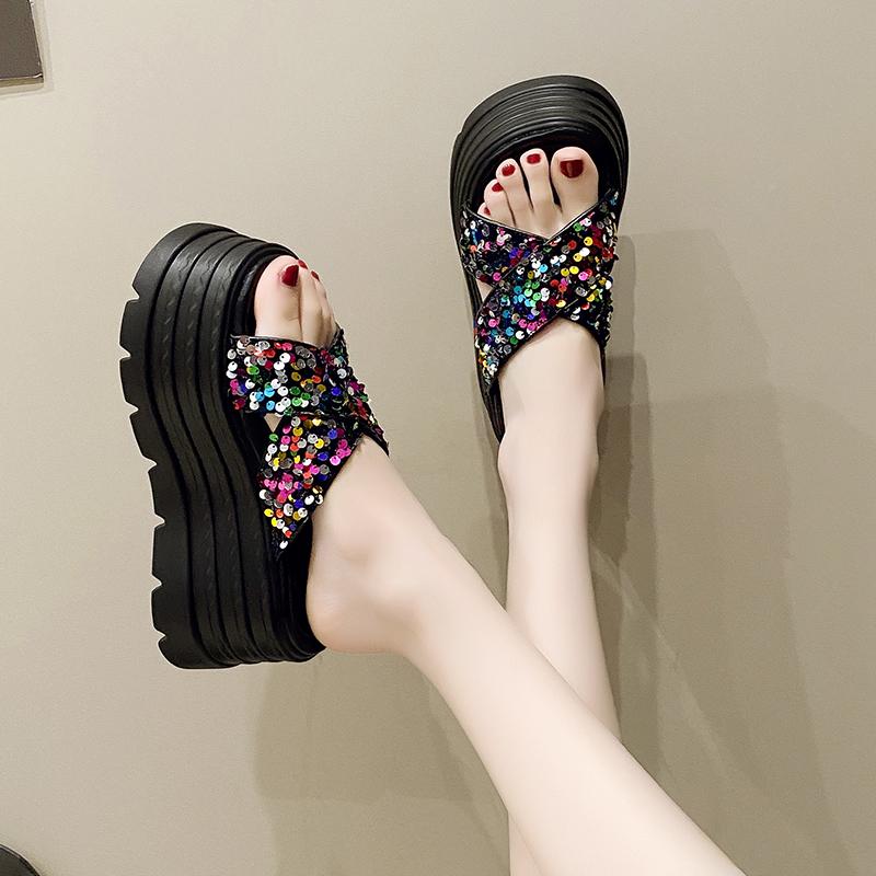 Aphixta Platform Sequined Cloth Sandals Slippers 8cm High Heels Women Slides Summer Beach Shoes For Woman
